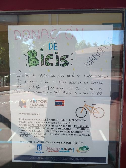 Cartel para la donación de bicicleta en el colegio público Pintor Rosales